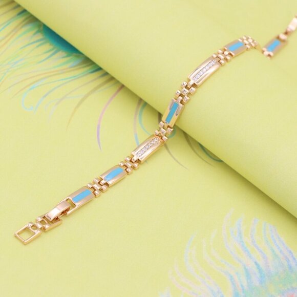 "Elegant Rose Gold Bracelet with Blue Enamel and CZ Accent Links, XPBL0738 - Picture 5 of 12